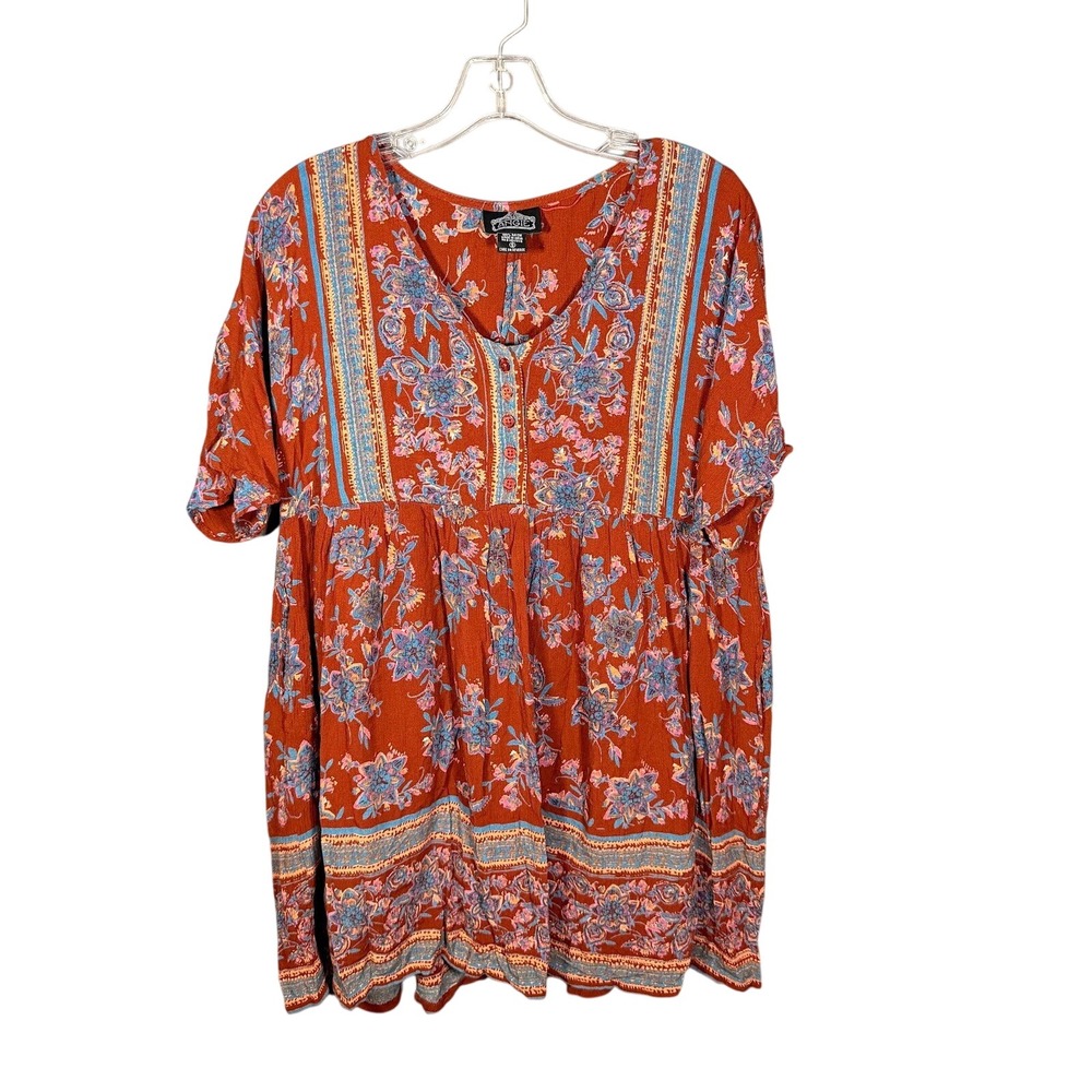 Angie Womens Rust Orange Floral‎ Boho Babydoll Blouse V-Neck Oversized Small